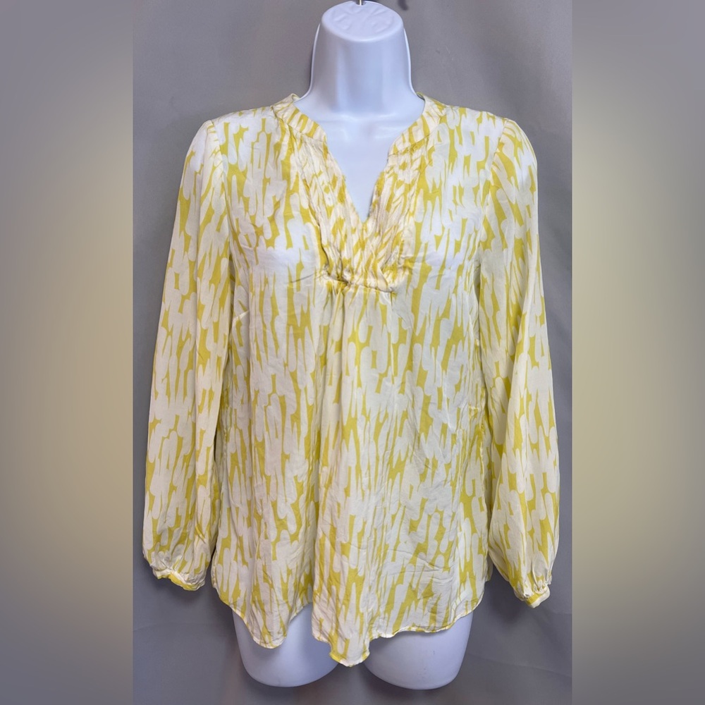 Boden Amalfi Silk Blend Blouse V-neck Size 6 Yellow And White Long Sleeve